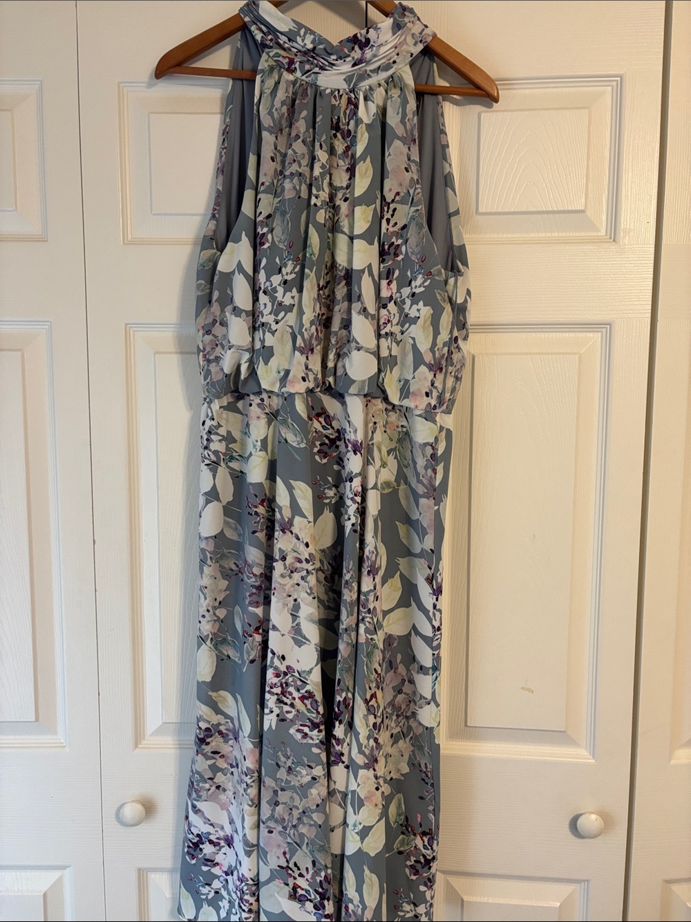 Adrianna Papell Grey Floral Halter Maxi Gown